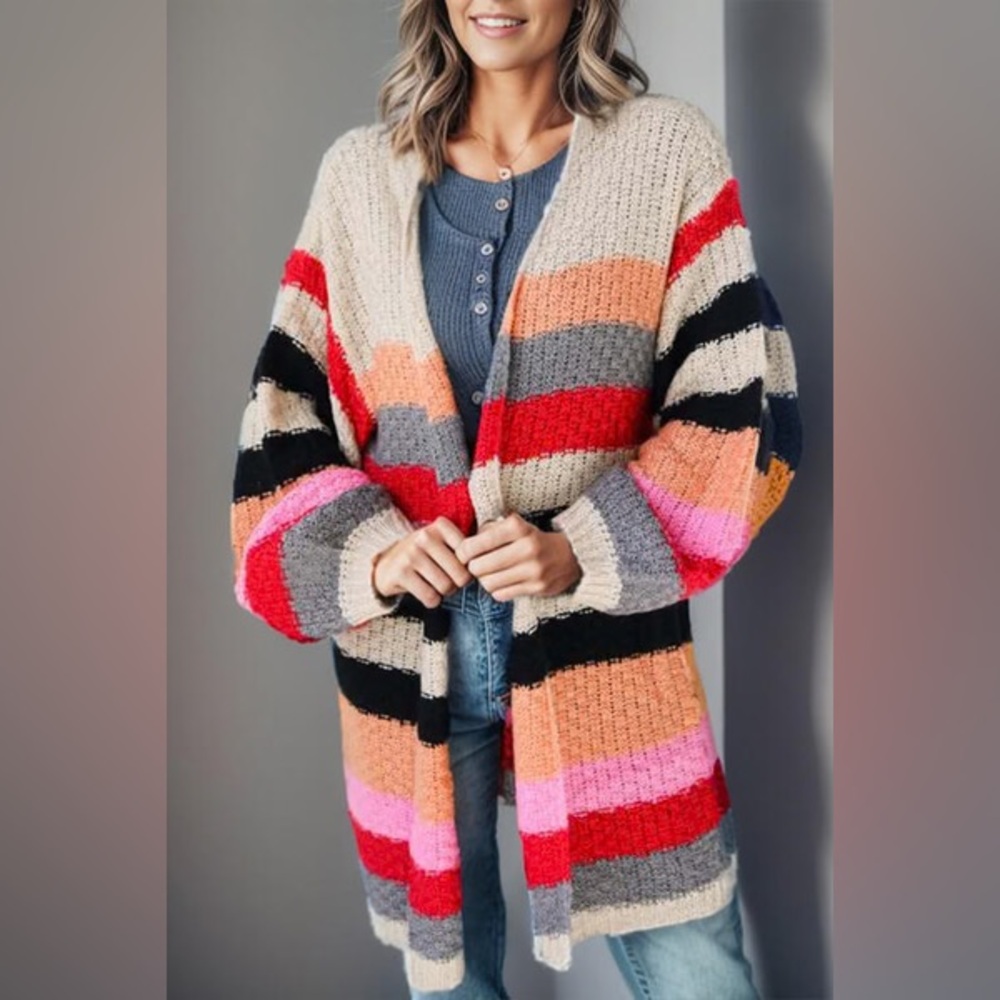 Talulah Colorful Stripe Chunky Knit Cardigan Balloon Sleeve